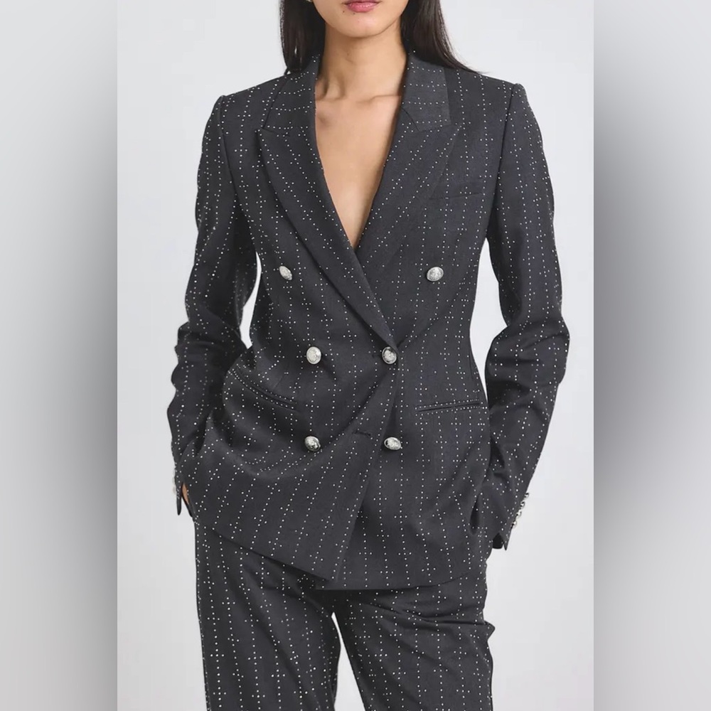 Derek Lam 10 Crosby Grey Pinstripe Rhinestone Double-Breasted Blazer